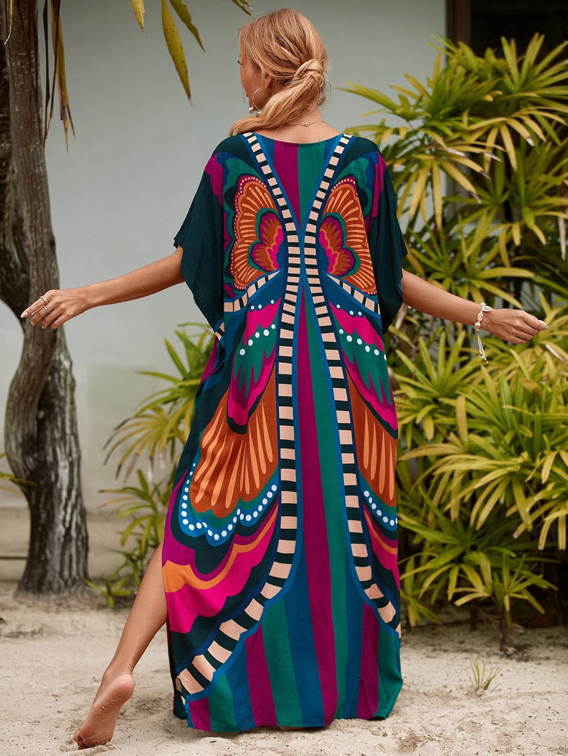 Kaftan Dresses for Women plus Size Lightweight Swimsuit Cover up Batwing Sleeve Print Loungewear Beach Robe
