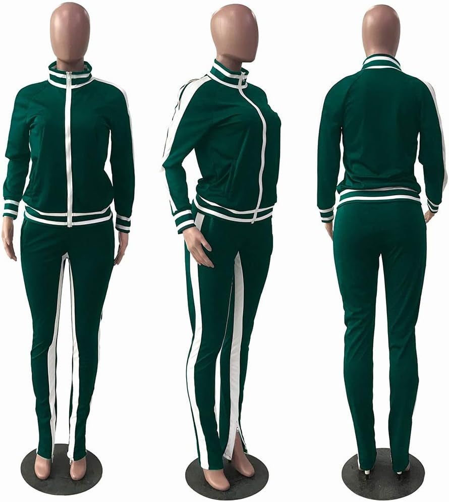 Womens 2 Piece Outfit Cold Shoulder Zipper up Long Sleeve Jacket and Pants Joggers Tracksuits Sweatsuit Set Green X-Large