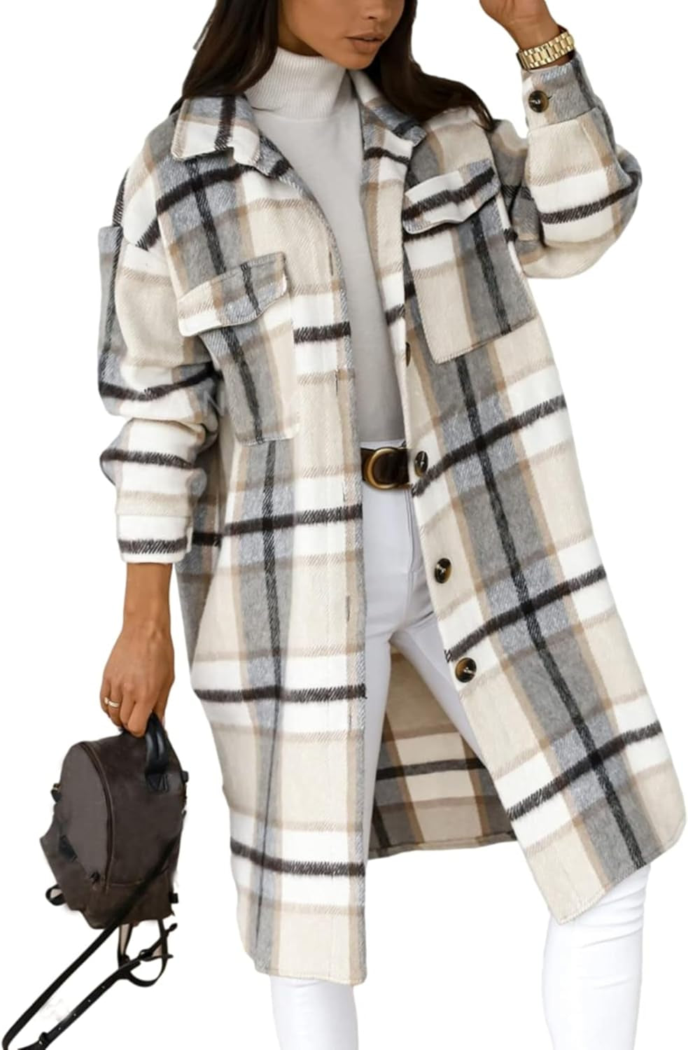 Women'S Plaid Shacket Brushed Flannel Shirt Jacket Vintage Long Wool Blend Tartan Coat