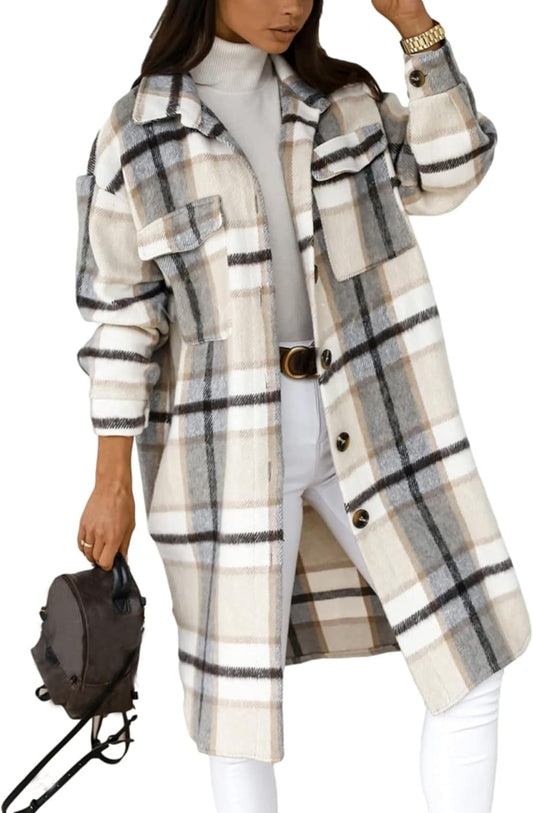 Women'S Plaid Shacket Brushed Flannel Shirt Jacket Vintage Long Wool Blend Tartan Coat