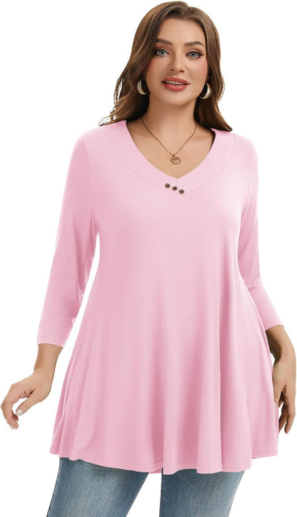 plus Size Tunic Women'S 3/4 Sleeve Tops and Blouses V Neck Shirts Loose Basic Tee