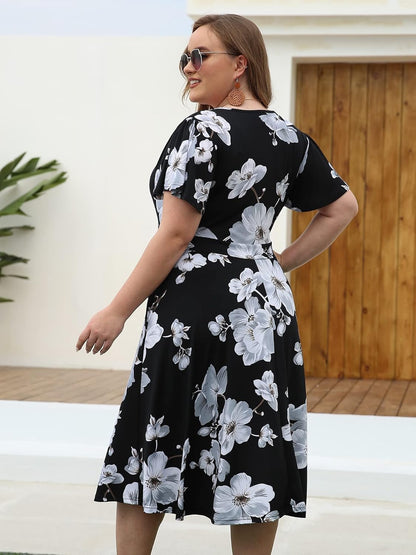 plus Size Womens V Neck Floral Cocktail Party Midi Dresses with Pocket