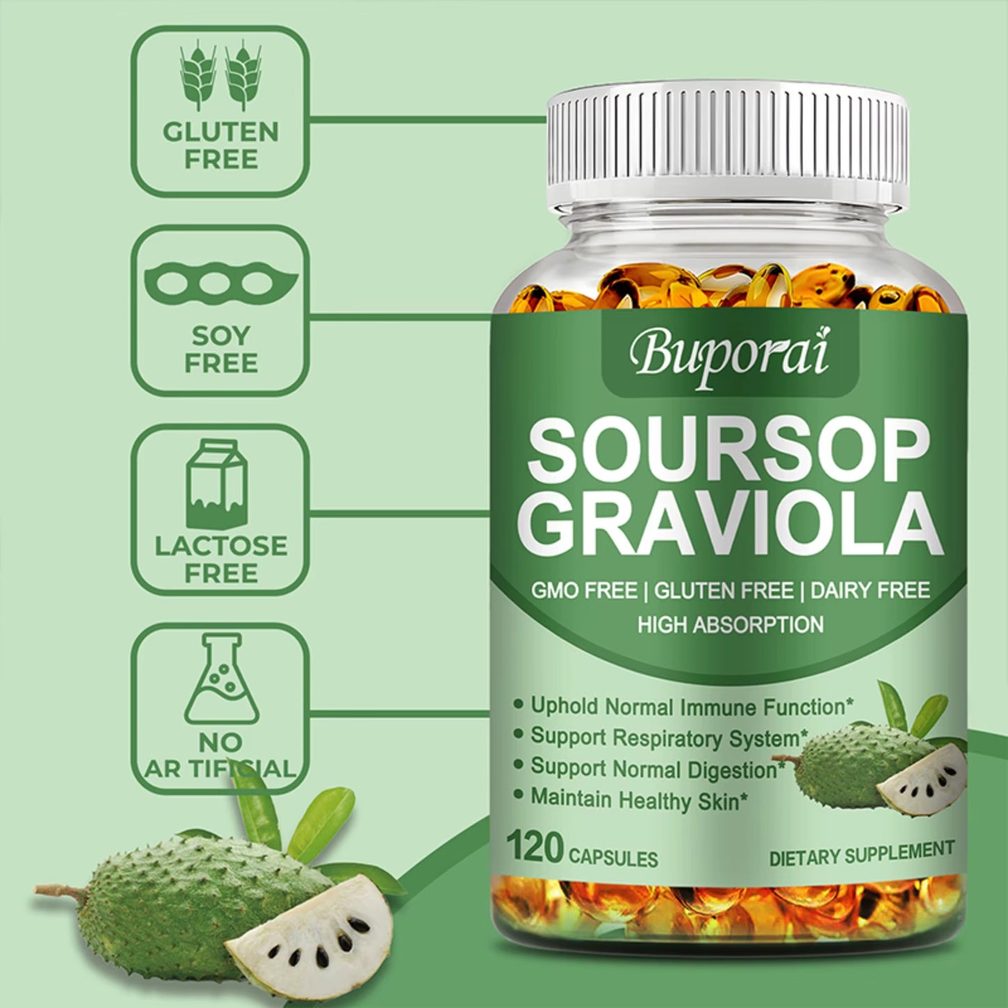 Soursop Graviola - Immune Enhancement Promote Digestion & Cellular Health, Improve Mood and Relieve Stress - 120 Capsules