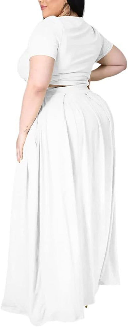 Womens plus Size 2 Piece Dress Outfits Solid Color Crop Top Maxi Skirts Set
