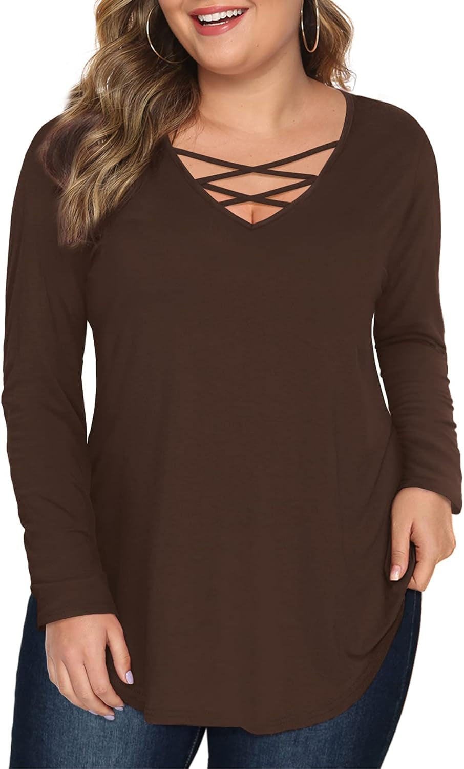 Womens' plus Size Tops with Long Sleeve Criss Cross Neck