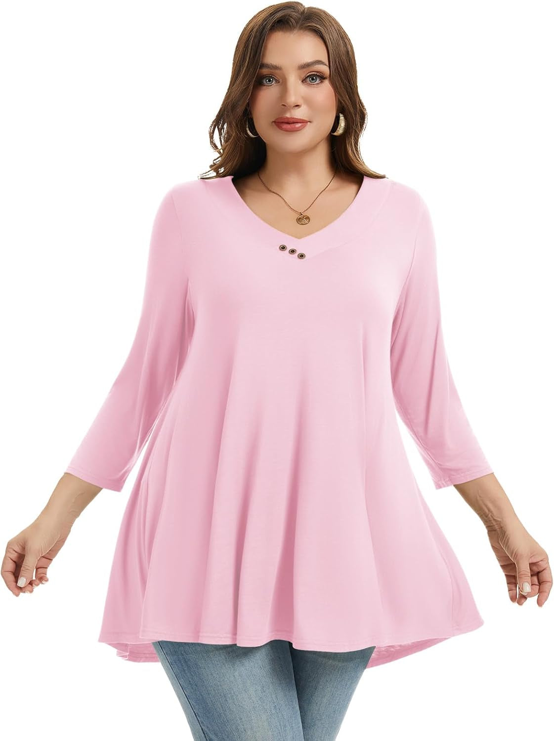 plus Size Tunic Women'S 3/4 Sleeve Tops and Blouses V Neck Shirts Loose Basic Tee
