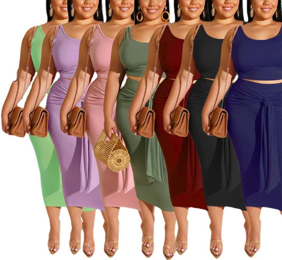 Women Sexy plus Size 2 Piece Dress Outfit Solid Tank Top Midi Skirt Set Black XL