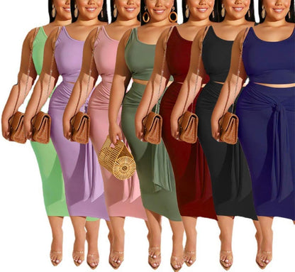 Women Sexy plus Size 2 Piece Dress Outfit Solid Tank Top Midi Skirt Set Black XL