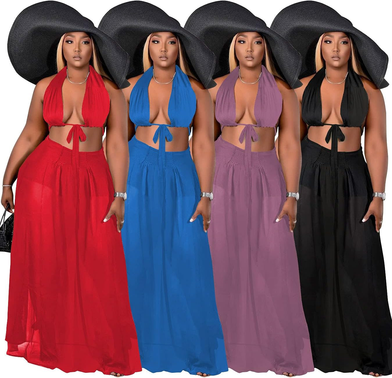 Women'S Sexy Chiffon 2 Piece Dress Outfits Sleeveless Ruffle Crop Top Pleated Long Skirt 2 Piece Maxi Dress Purple