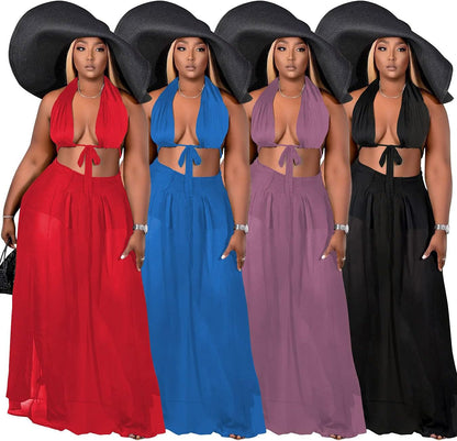 Women'S Sexy Chiffon 2 Piece Dress Outfits Sleeveless Ruffle Crop Top Pleated Long Skirt 2 Piece Maxi Dress Purple