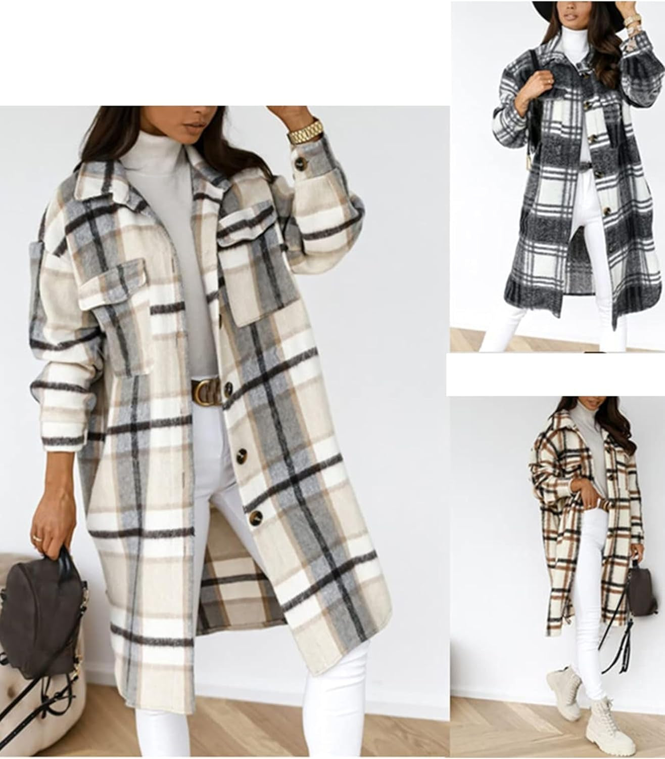 Women'S Plaid Shacket Brushed Flannel Shirt Jacket Vintage Long Wool Blend Tartan Coat