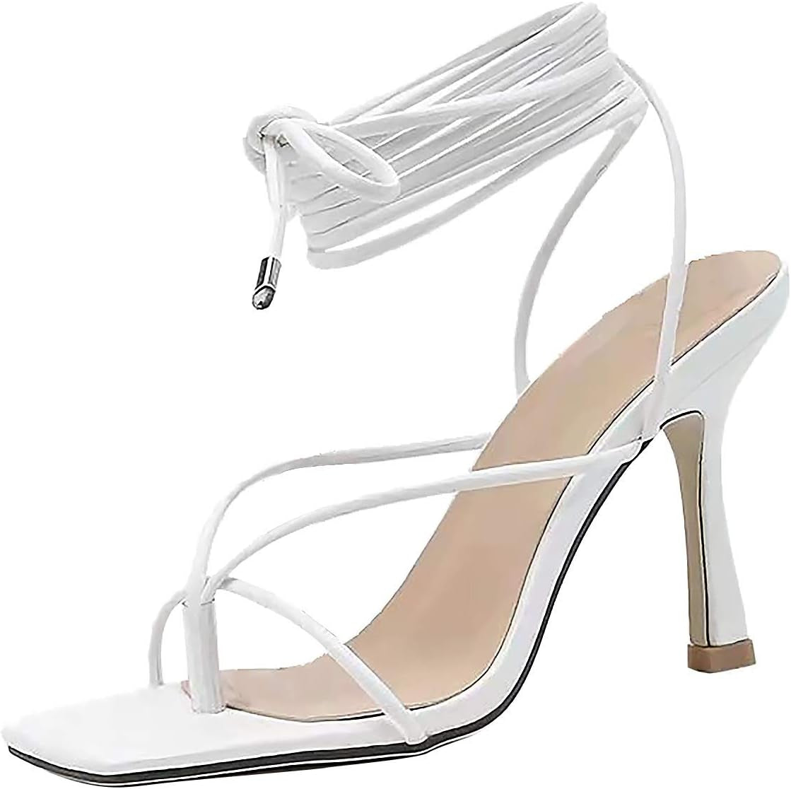 Womens Square Toe Sandals Stiletto Heels Ankle Strap Lace up Dress Heeled Sandal Wedding Party Shoes White