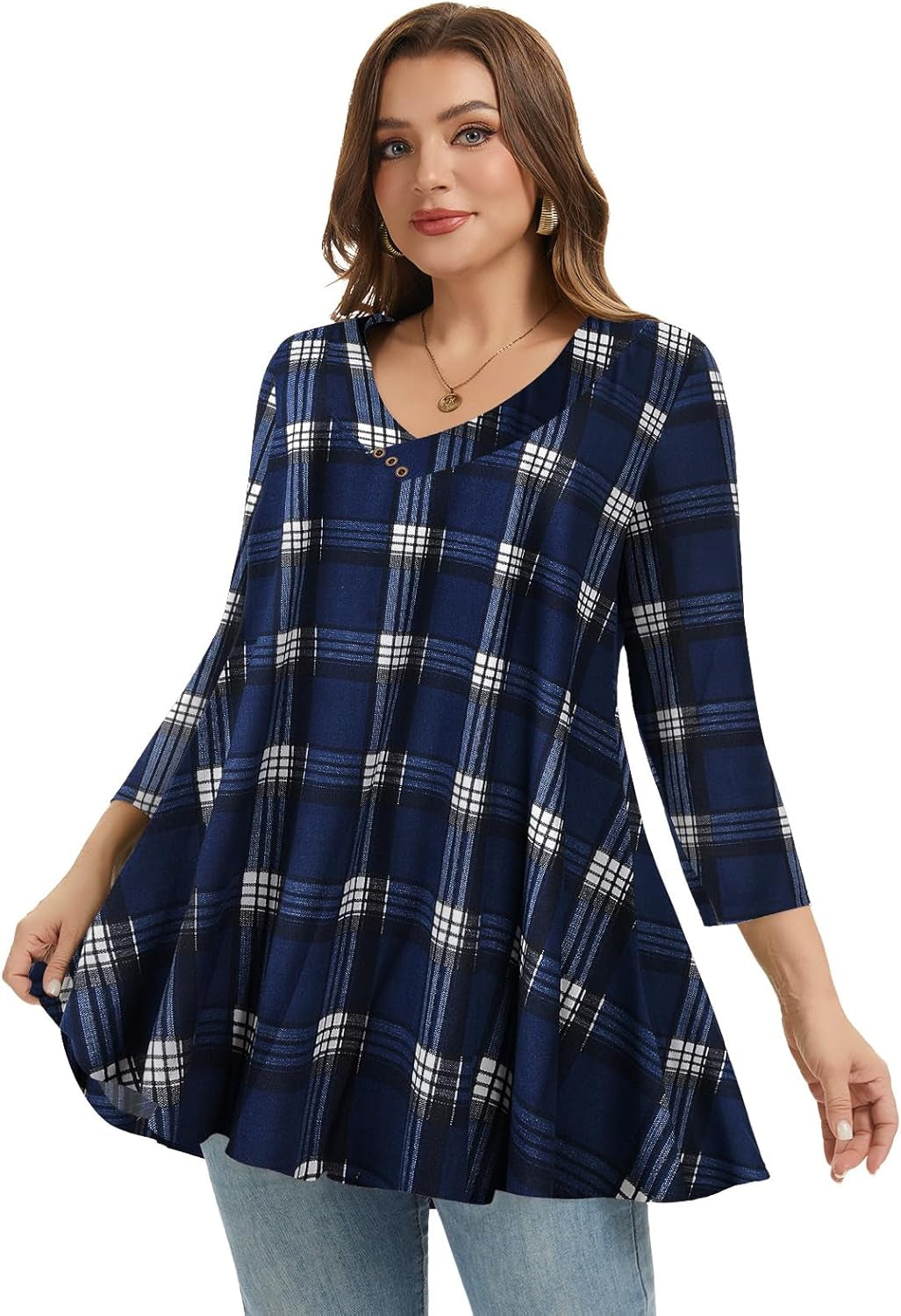 plus Size Tunic Women'S 3/4 Sleeve Tops and Blouses V Neck Shirts Loose Basic Tee