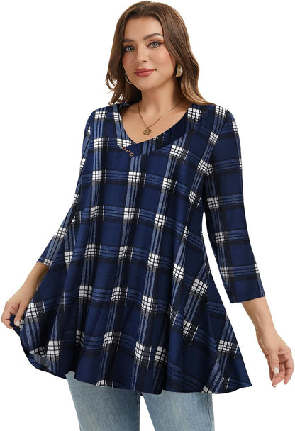 plus Size Tunic Women'S 3/4 Sleeve Tops and Blouses V Neck Shirts Loose Basic Tee