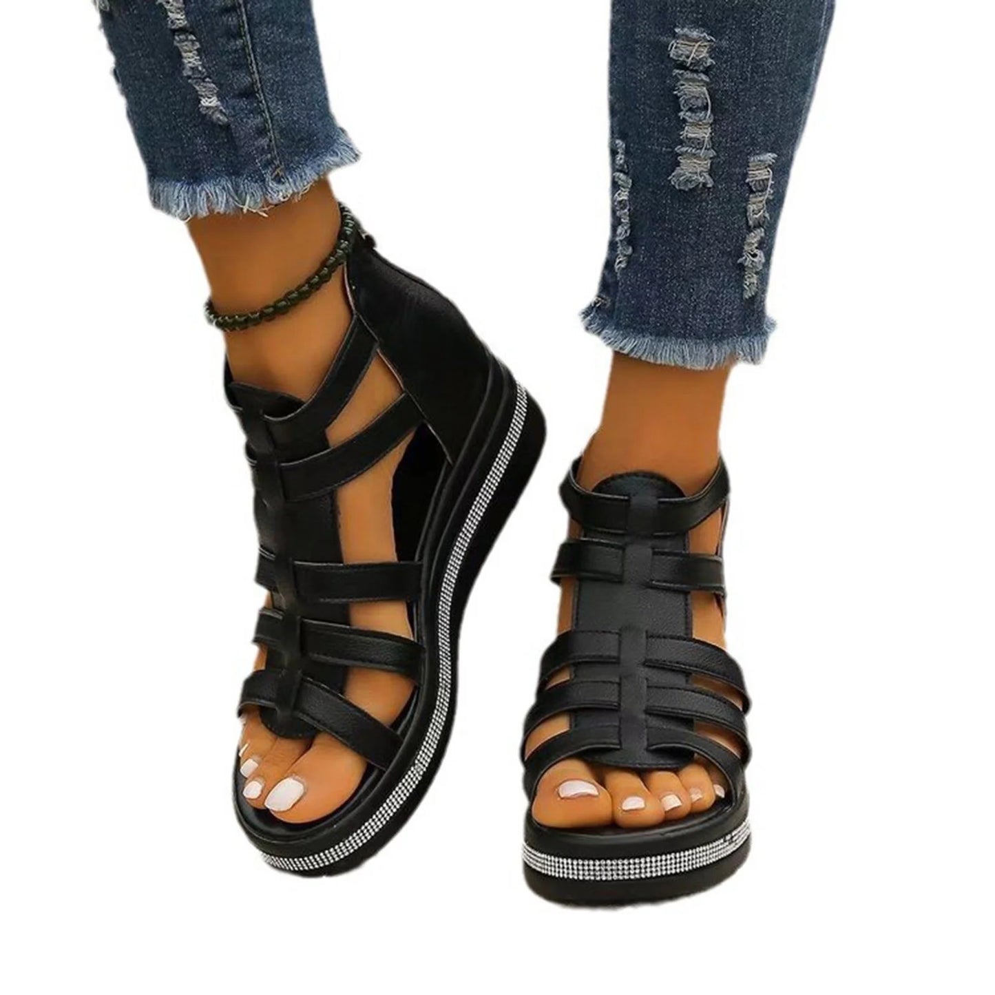 Womens Gladiator Sandals, Soft Sole Breathable Wide Width Summer Wedge Shoes Black