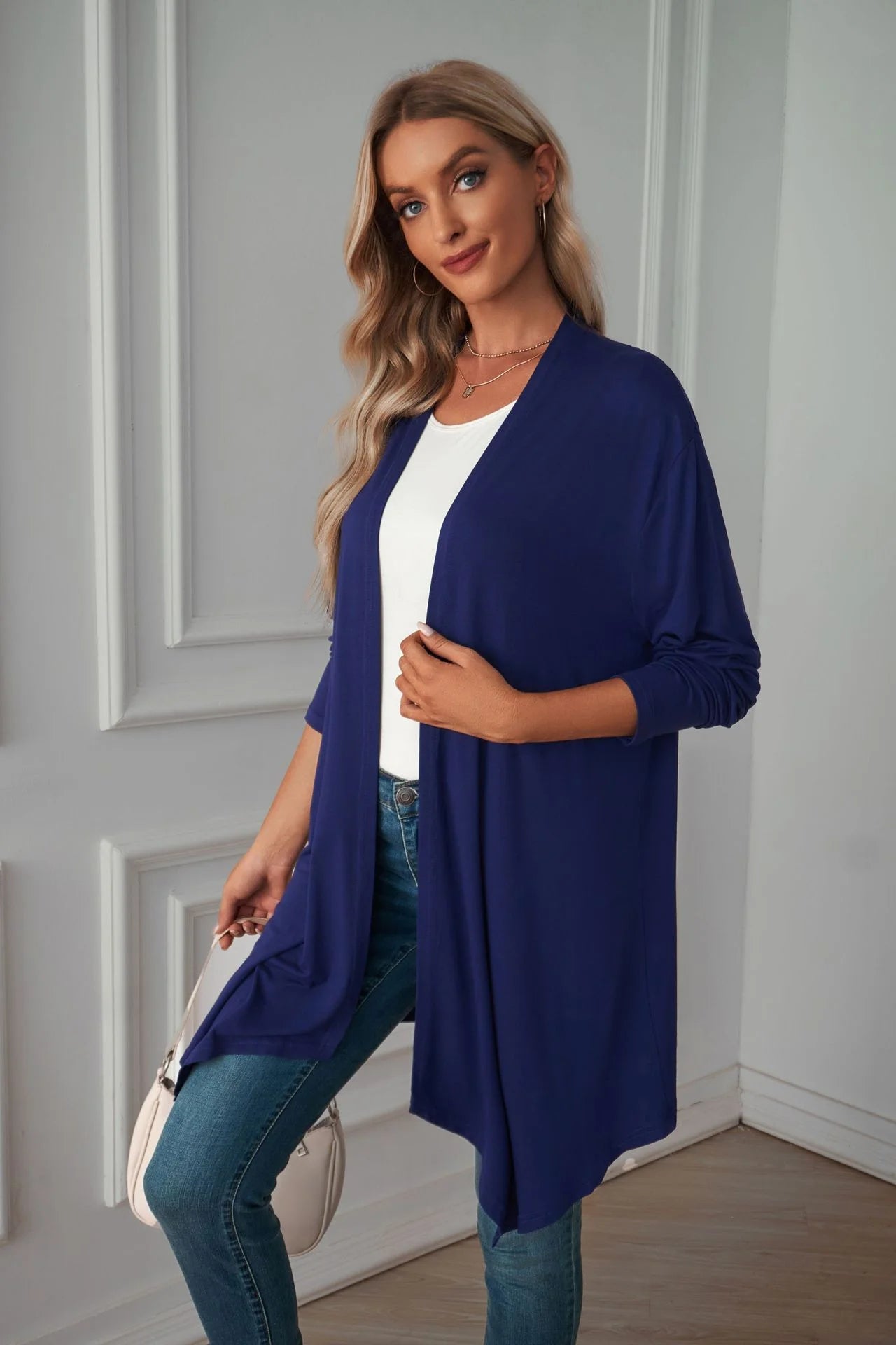 Women'S Basic Casual Lightweight Long Sleeve Drape Open Front Cardigan, Navy Blue-L(12-14)