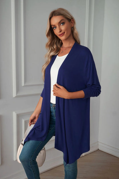 Women'S Basic Casual Lightweight Long Sleeve Drape Open Front Cardigan, Navy Blue-L(12-14)