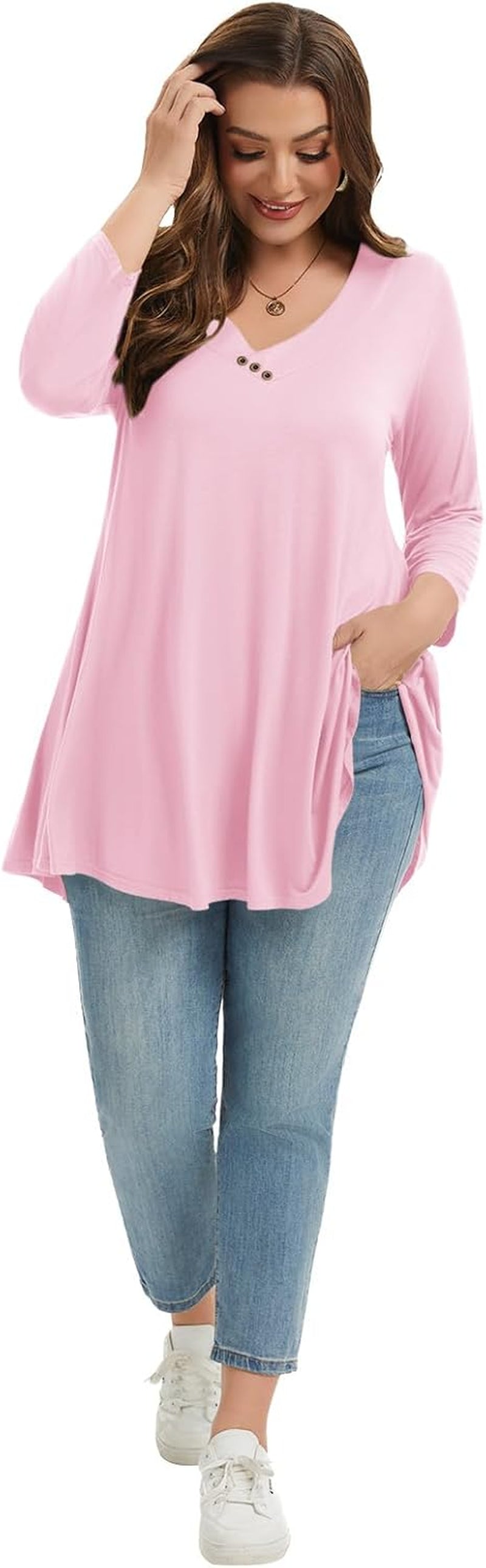 plus Size Tunic Women'S 3/4 Sleeve Tops and Blouses V Neck Shirts Loose Basic Tee