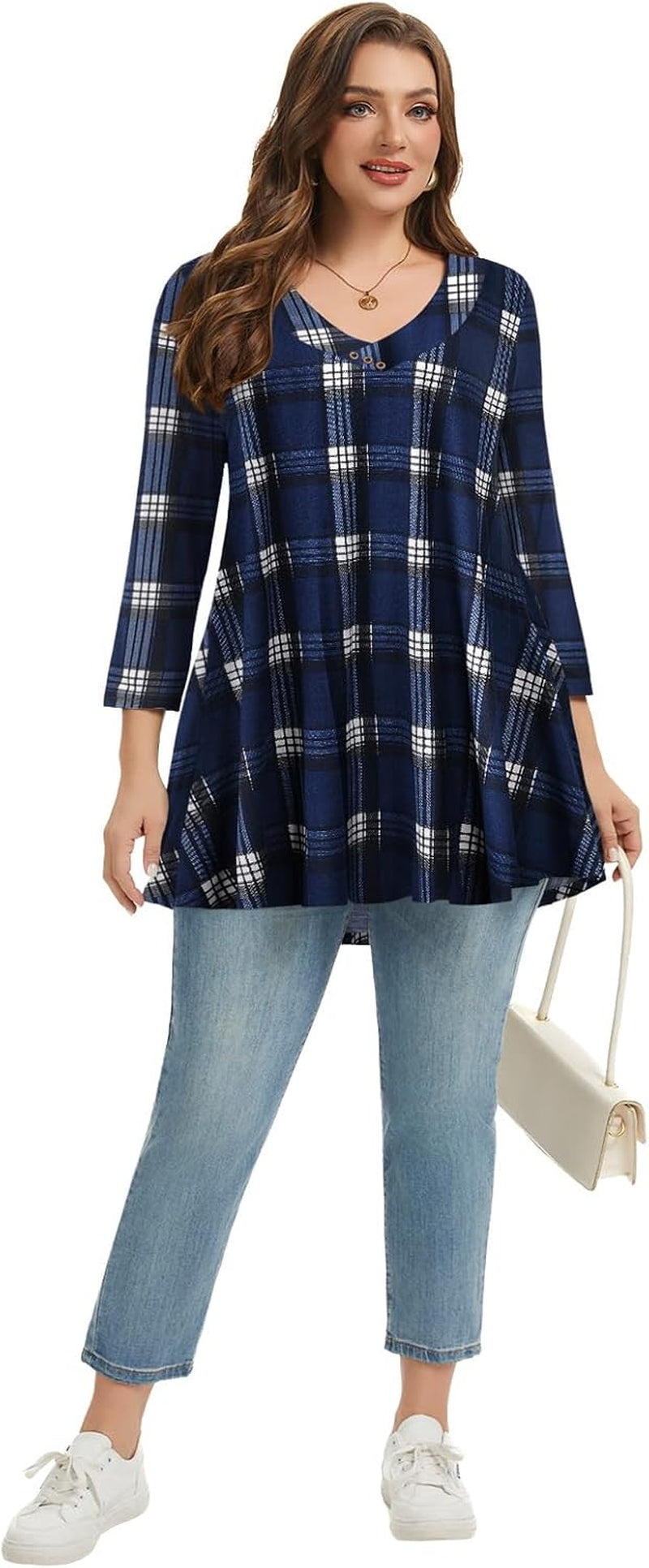 plus Size Tunic Women'S 3/4 Sleeve Tops and Blouses V Neck Shirts Loose Basic Tee