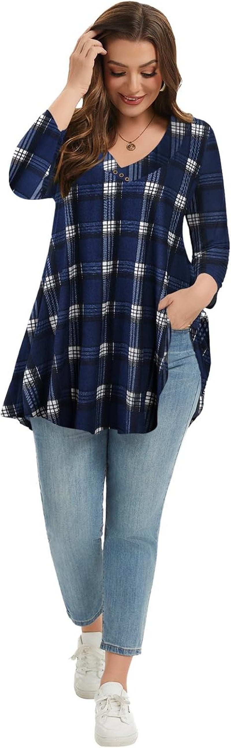 plus Size Tunic Women'S 3/4 Sleeve Tops and Blouses V Neck Shirts Loose Basic Tee