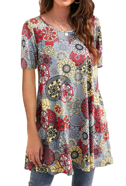 plus Size Womens Tunic Tops Short Sleeve Casual Floral Shirts Swing Flare Dressy Blouses