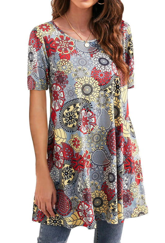 plus Size Womens Tunic Tops Short Sleeve Casual Floral Shirts Swing Flare Dressy Blouses