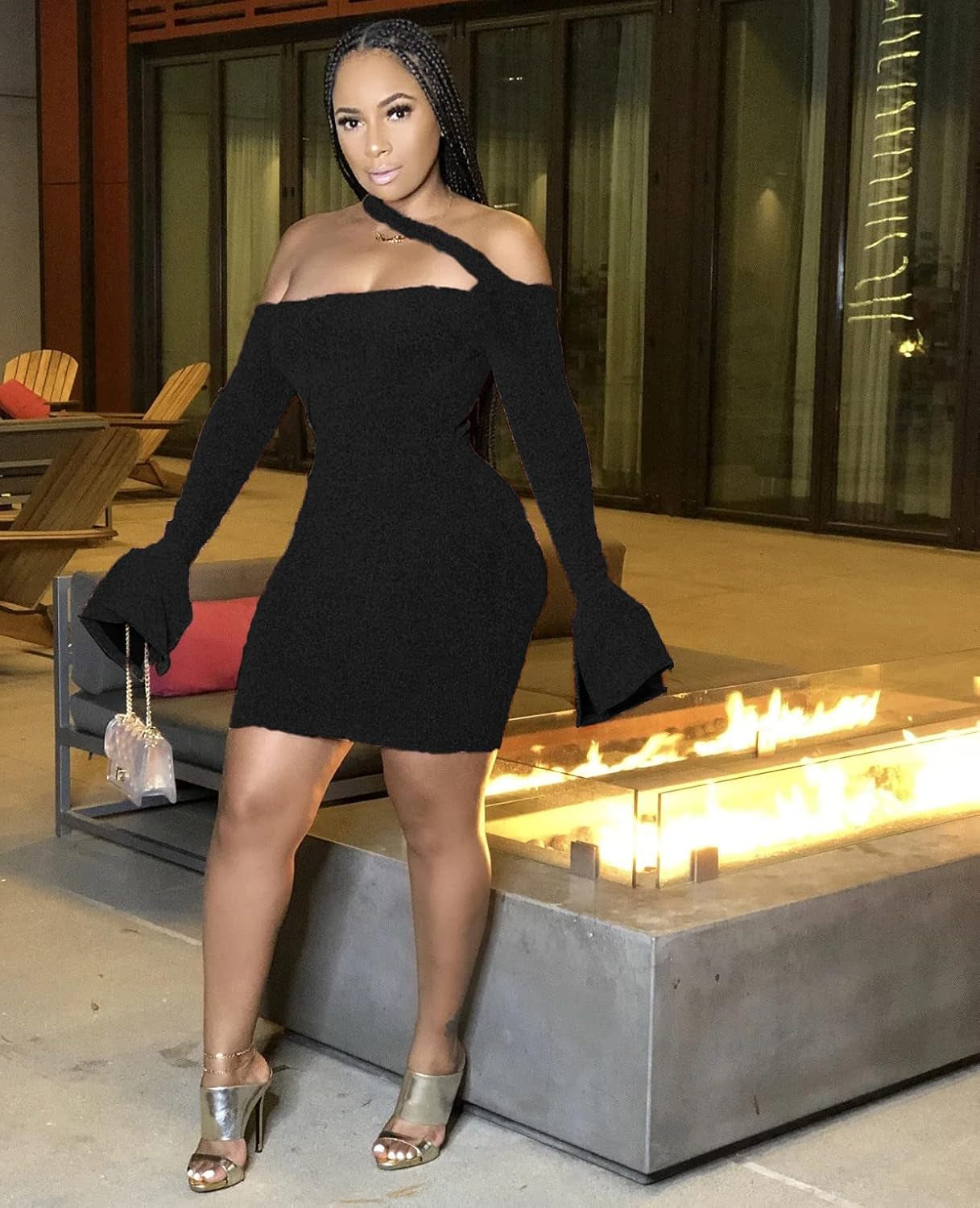 Womens Sexy Black Midi Dress - Elegant off the Shoulder Bodycon Party Dresses plus Size