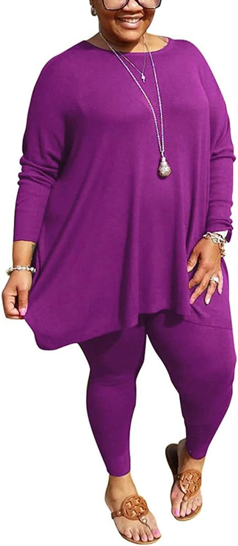 Plus Size 2 Piece Outfits for Women Tracksuit Long Sleeve Tunic Tops Bodycon Long Pants Sweatsuit Set