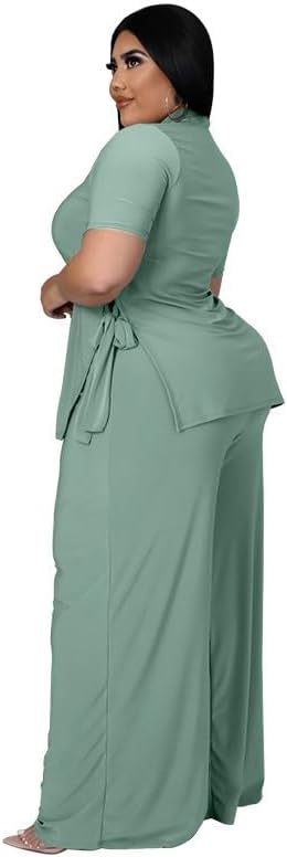 Wide Leg 2 Piece Outfits for Women Sweatsuit Sexy Short Sleeve Split Shirt Pant Set Casual Tracksuits