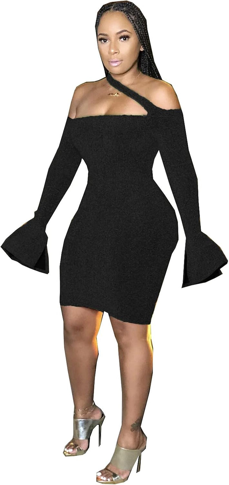 Womens Sexy Black Midi Dress - Elegant off the Shoulder Bodycon Party Dresses plus Size