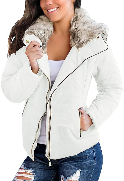 Women Parka Coat Pockets Quilted Puffer Jacket with Faux Fur Lapel, Size S-2XL