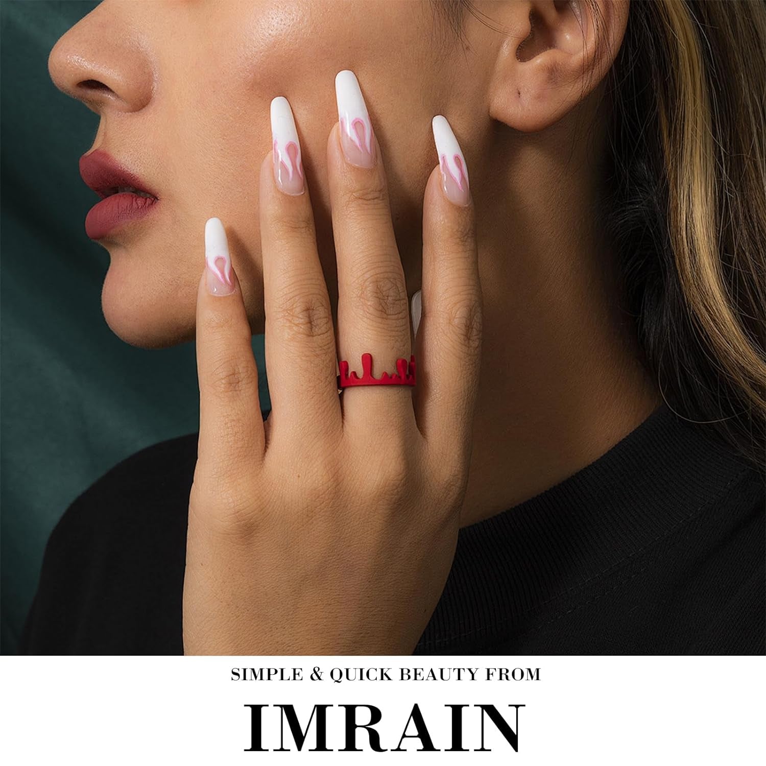 Press-On Nails: White French Tips, Glossy False Nails, Bling Glitter, Full Cover Flower Design, Gel Glue On, Acrylic Nails for Women & Girls