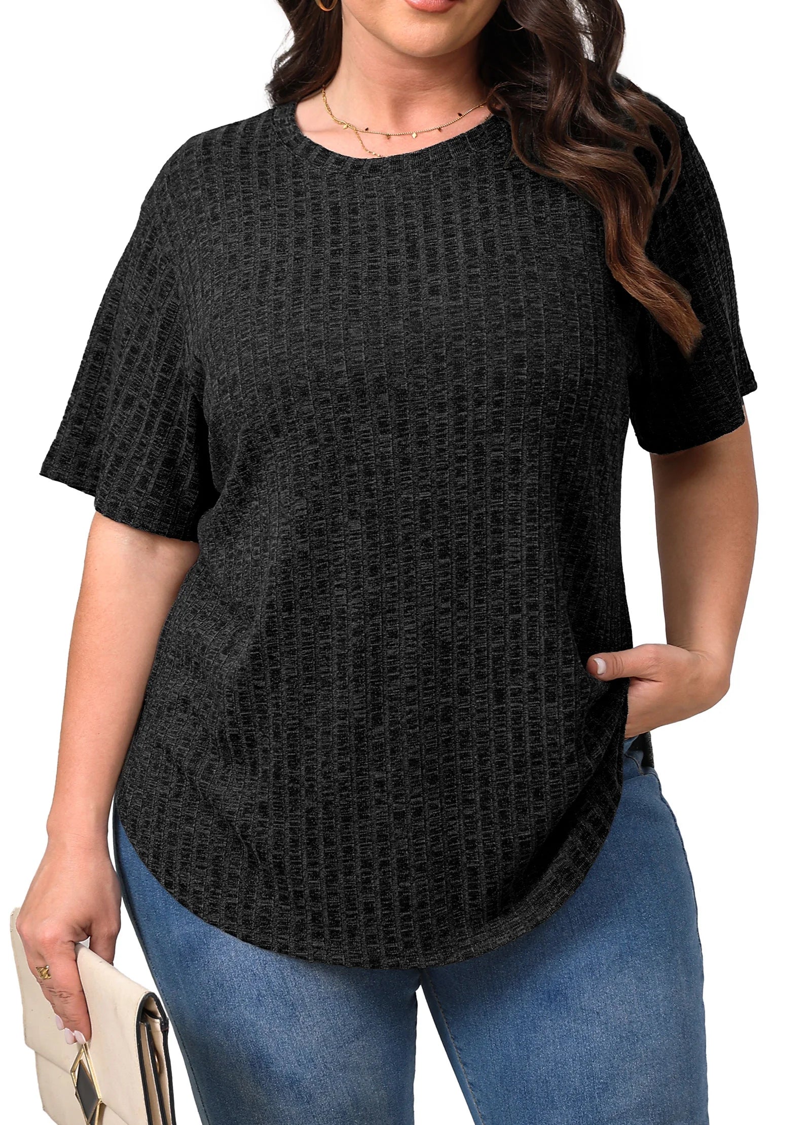 Womens plus Size Tops Crewneck Short Sleeve Shirts Casual Loose Tunic Tops Curved Hem Summer Blouses