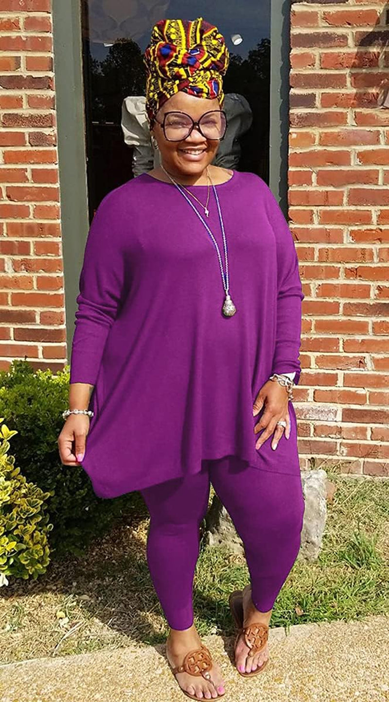 Plus Size 2 Piece Outfits for Women Tracksuit Long Sleeve Tunic Tops Bodycon Long Pants Sweatsuit Set