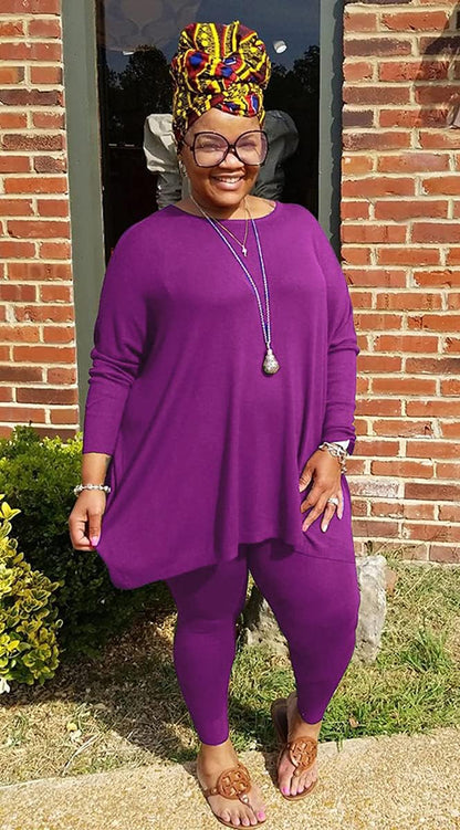 Plus Size 2 Piece Outfits for Women Tracksuit Long Sleeve Tunic Tops Bodycon Long Pants Sweatsuit Set