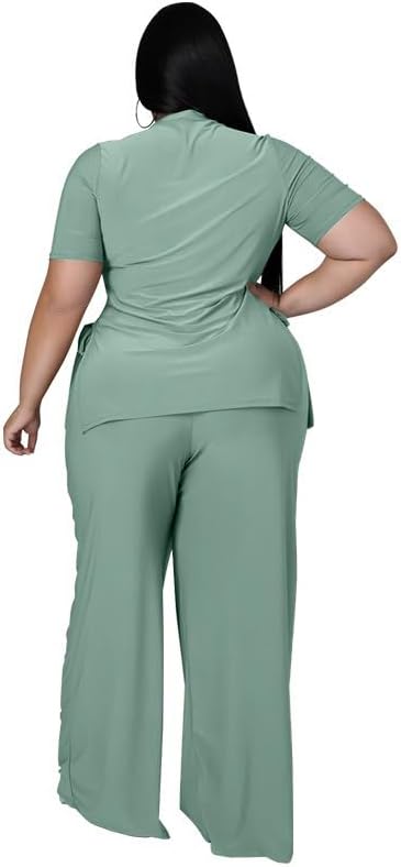 Wide Leg 2 Piece Outfits for Women Sweatsuit Sexy Short Sleeve Split Shirt Pant Set Casual Tracksuits