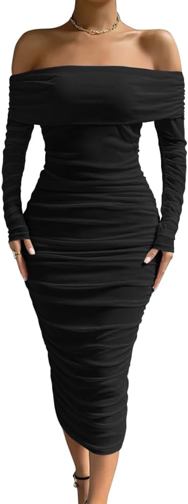 Women Sexy off Shoulder Long Sleeve Bodycon Ruched Midi Elegant Cocktail Party Dress