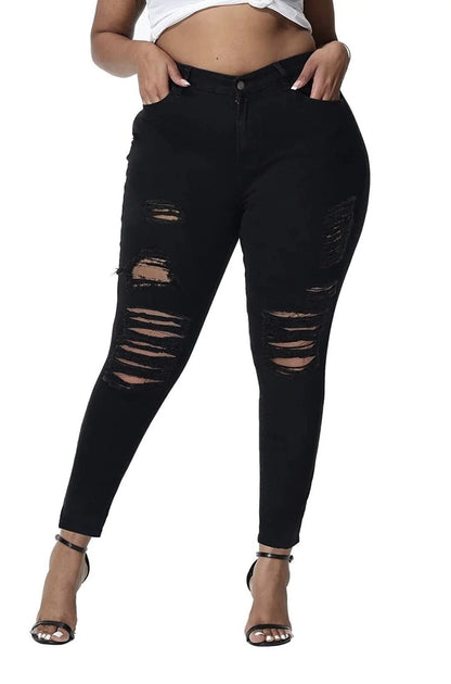 Womens plus Size Stretch Distressed Ripped Skinny Black Denim Jeans Pants (L0023XL)