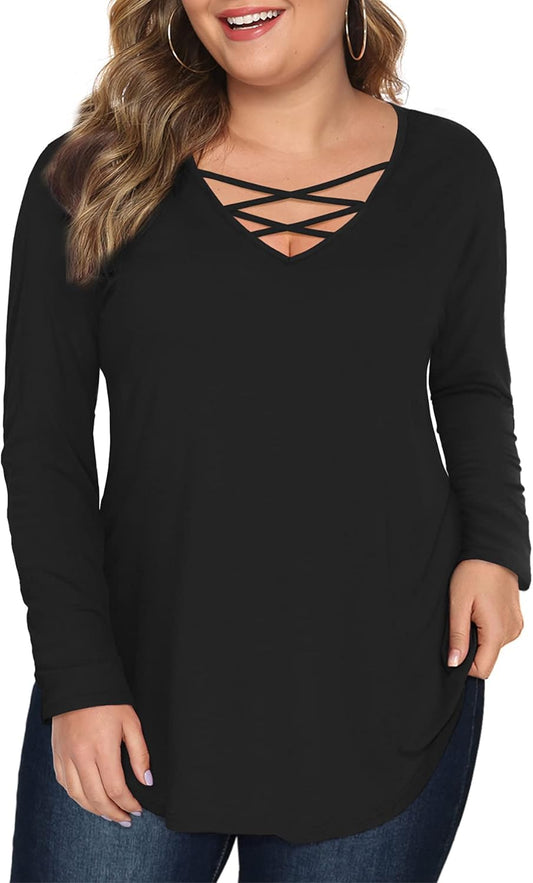Womens' plus Size Tops with Long Sleeve Criss Cross Neck