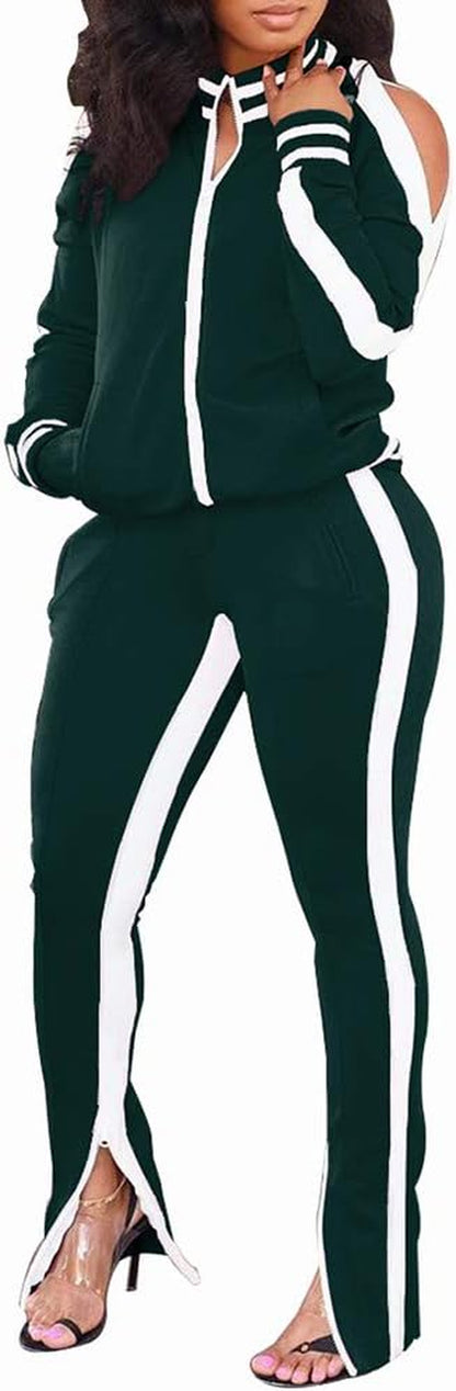 Womens 2 Piece Outfit Cold Shoulder Zipper up Long Sleeve Jacket and Pants Joggers Tracksuits Sweatsuit Set Green X-Large