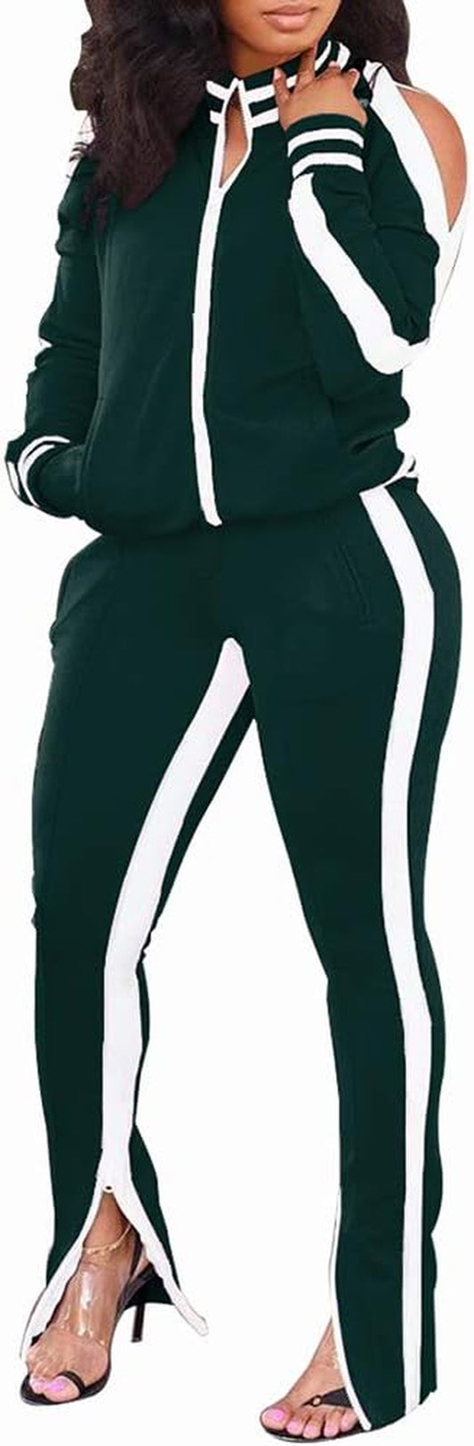 Womens 2 Piece Outfit Cold Shoulder Zipper up Long Sleeve Jacket and Pants Joggers Tracksuits Sweatsuit Set Green X-Large