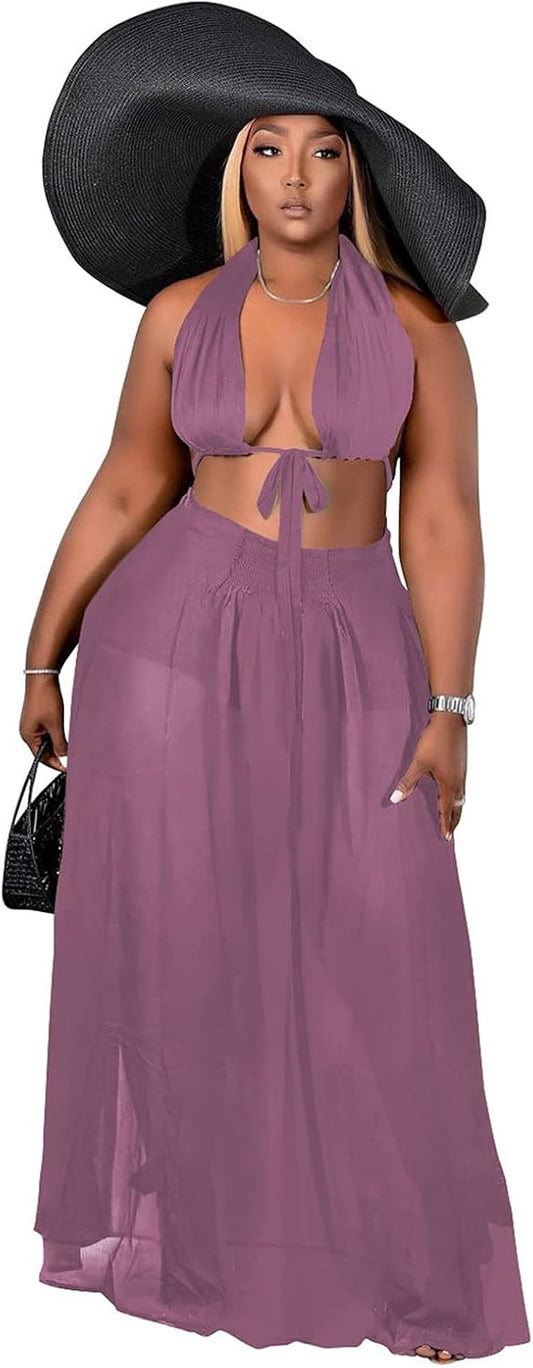 Women'S Sexy Chiffon 2 Piece Dress Outfits Sleeveless Ruffle Crop Top Pleated Long Skirt 2 Piece Maxi Dress Purple