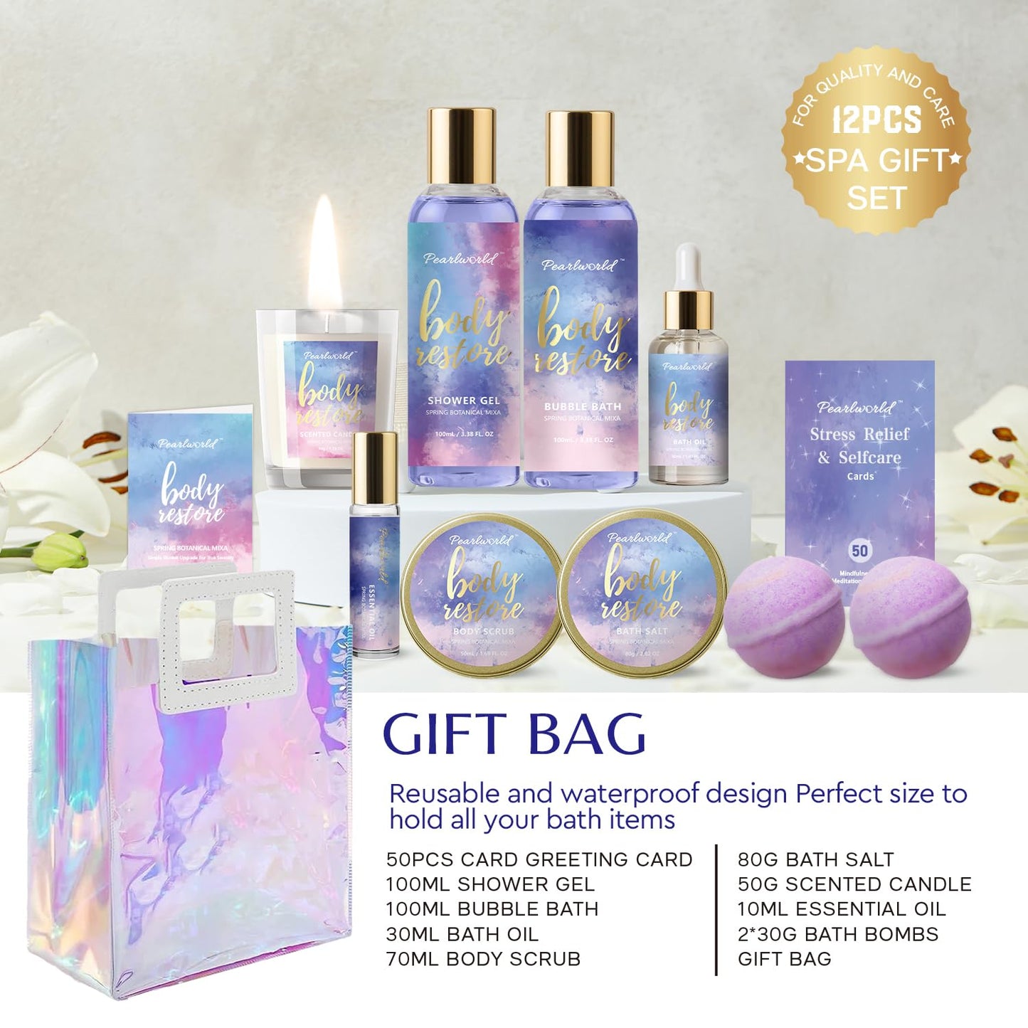 Spa Kit for Women, 12 Pcs Luxury Bath Skin Care Shower Bath Set, Spa Gift Sets with Reusable Bag, Bath Bomb, Christams Birthday Gifts for Teen Girls, Her, Mom