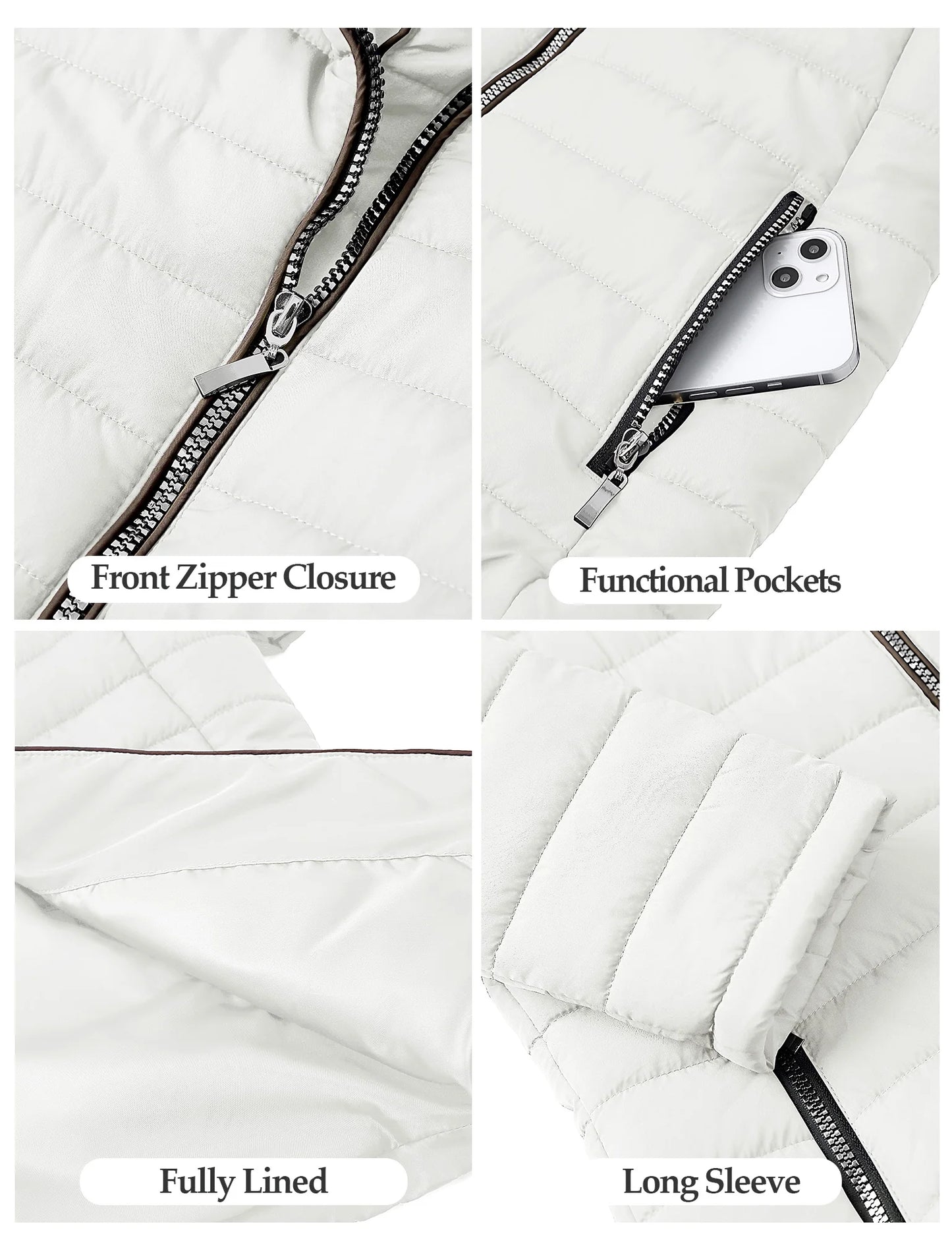 Women Parka Coat Pockets Quilted Puffer Jacket with Faux Fur Lapel, Size S-2XL