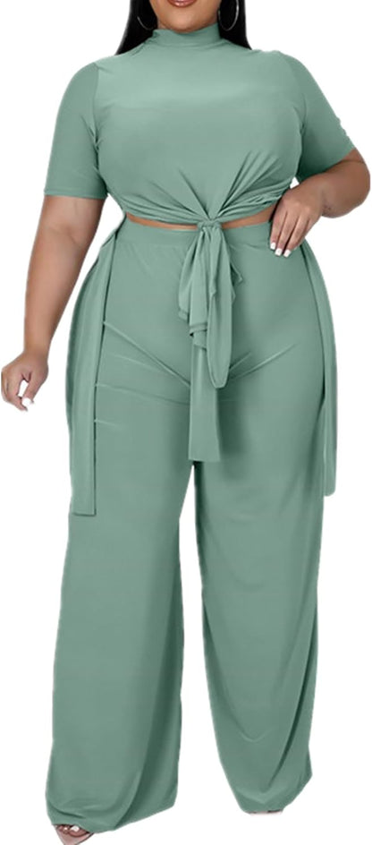 Wide Leg 2 Piece Outfits for Women Sweatsuit Sexy Short Sleeve Split Shirt Pant Set Casual Tracksuits