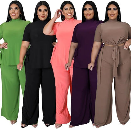Wide Leg 2 Piece Outfits for Women Sweatsuit Sexy Short Sleeve Split Shirt Pant Set Casual Tracksuits
