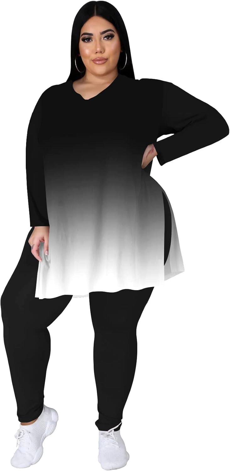 Women'S plus Size Two Piece Outfits Loungewear Sets Long Sleeve Oversized Tshirts Sweatpants Sweatsuits Sets