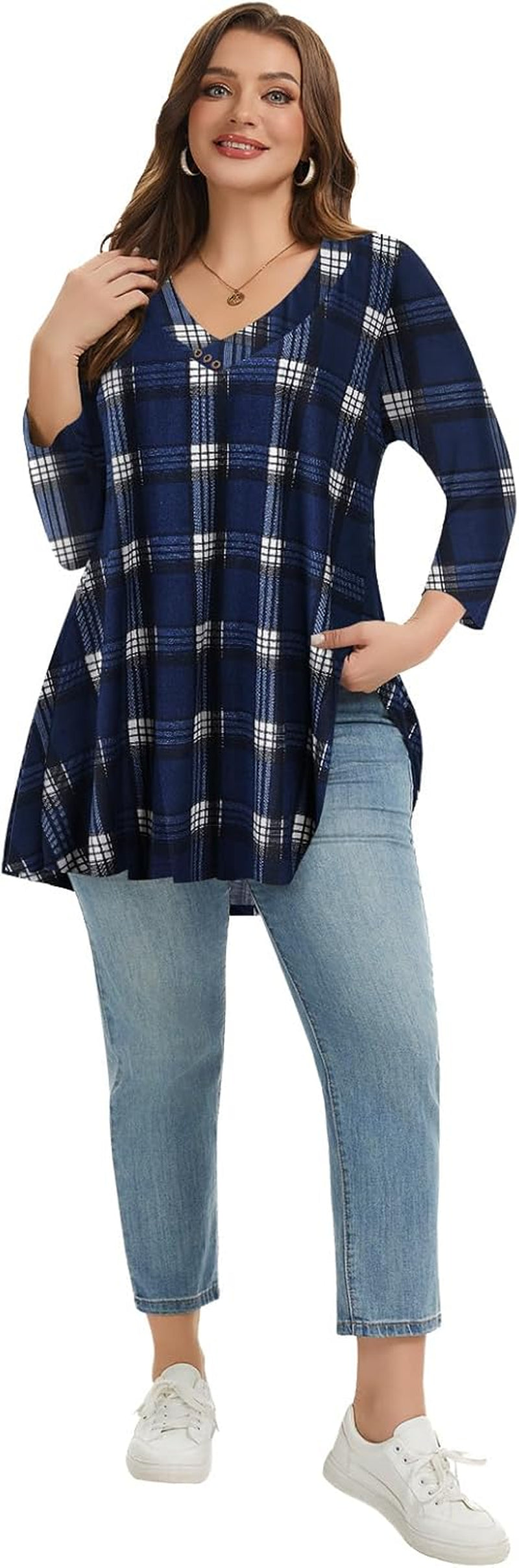 plus Size Tunic Women'S 3/4 Sleeve Tops and Blouses V Neck Shirts Loose Basic Tee