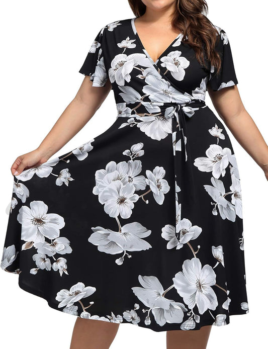 plus Size Womens V Neck Floral Cocktail Party Midi Dresses with Pocket