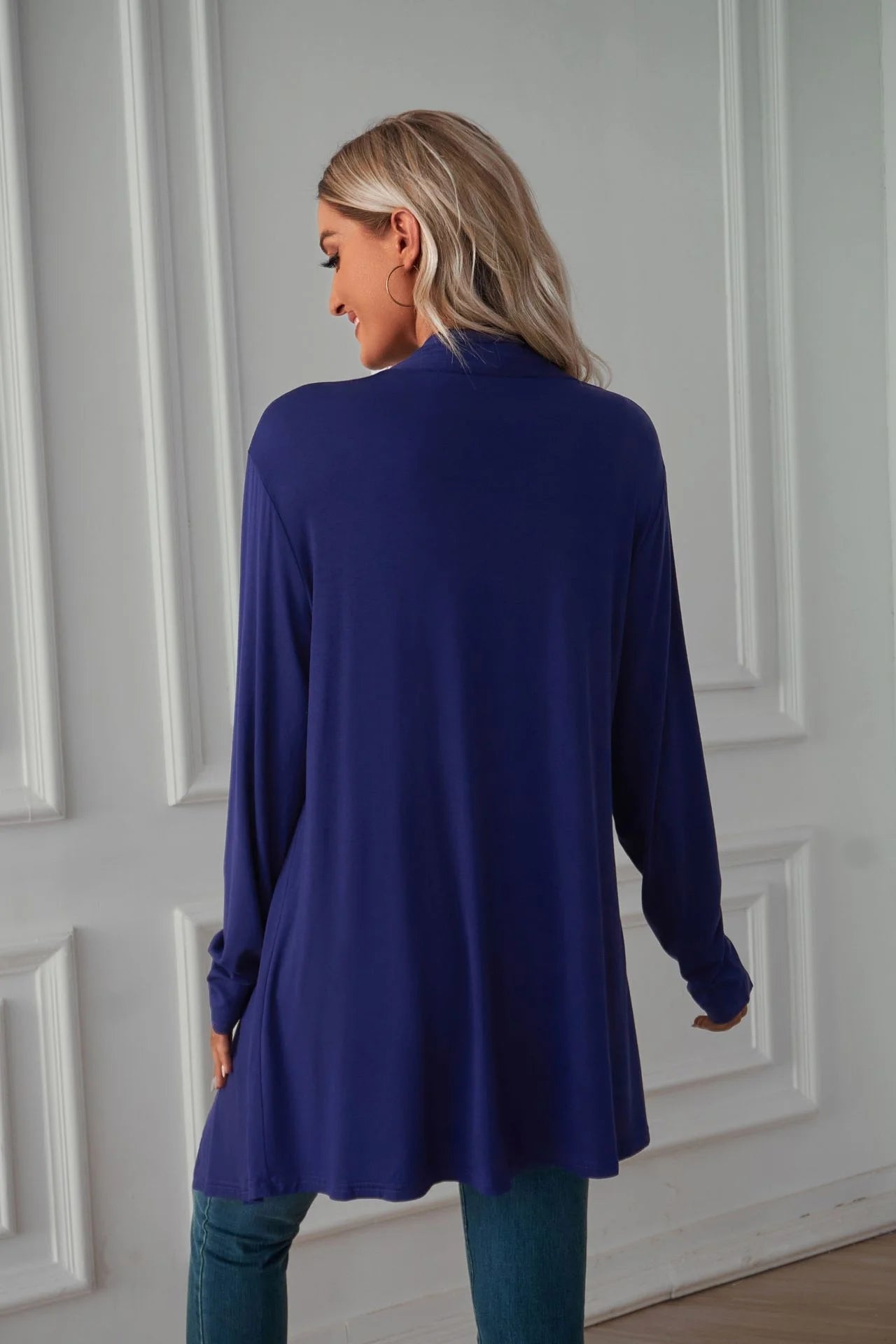 Women'S Basic Casual Lightweight Long Sleeve Drape Open Front Cardigan, Navy Blue-L(12-14)